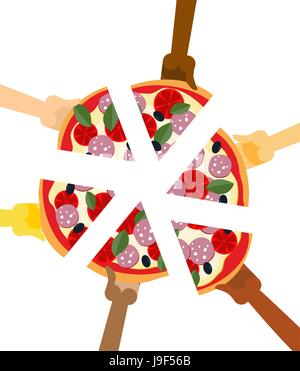People eating pizza. Hands holding slice of pie. Friendship illustration. Joint lunch Stock Vector