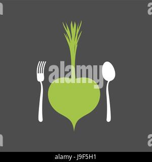 Vegetarian Food logo. Vegetable and cutlery. Fork and spoon and turnips. vegetarianism menu Stock Vector
