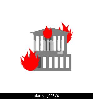 Arson home. Fire in building. Flames from office windows. Burn facility. Spontaneous disaster. Apocalypse on earth Stock Vector