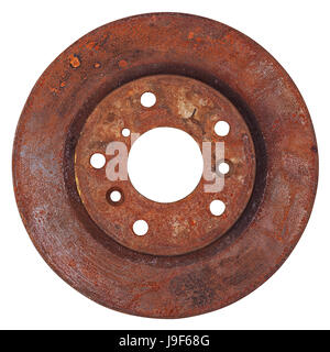Old rusty brake disc from car isolated on white background Stock Photo