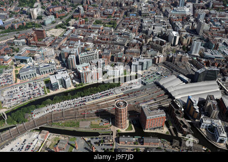 aerial view of Leeds city centre from above the railway station looking north, UK Stock Photo