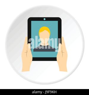 Man taking selfie using tablet icon, flat style Stock Vector
