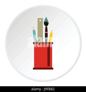 Paint brushes, ruler and pencils in a glass icon Stock Vector