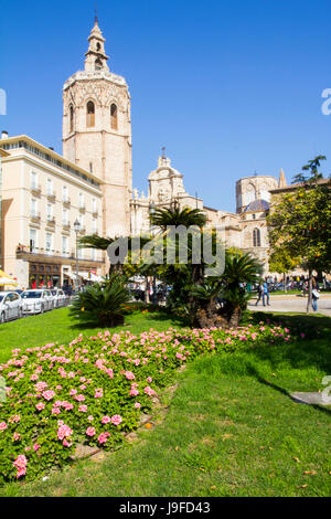 Viewed from Plaza de la Reina, the Gothic-style Bell tower or Micalet, fronts the Valencia Cathedral, Valencia, Spain. Stock Photo