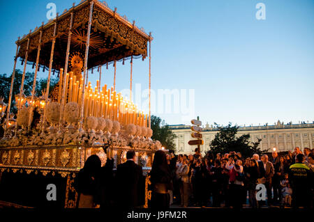 Holy Week procession, night view, Plaza de Oriente. Madrid, Spain. Stock Photo