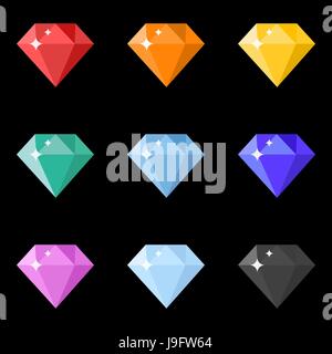 Diamonds icons set in different colors on the black background. Flat design. Vector illustration Stock Vector