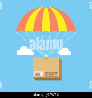 Package flying on parachute, delivery service concept. Flat design. Isolated on color background Stock Vector