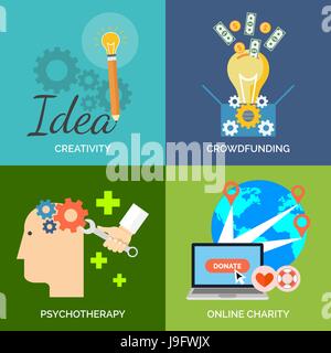Set of flat design concept icons for business. Creativity, Crowdfunding, Psychotherapy and Online Charity. Vector Illustration. Stock Vector
