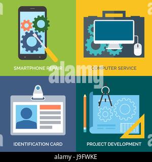 Set of flat design concept icons for business. Smartphone repair, Computer service, Identification card and Project development. Vector Illustration. Stock Vector