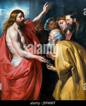 Christ Gives the Keys of Heaven to Saint Peter by Peter Paul Rubens (1577-1640), oil on panel, c.1613/15 Stock Photo