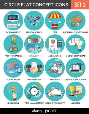 Circle Colorful Concept Icons. Flat Design. Set 2. Business, Finance, Education, Technology Symbols and Metaphors. Stock Vector