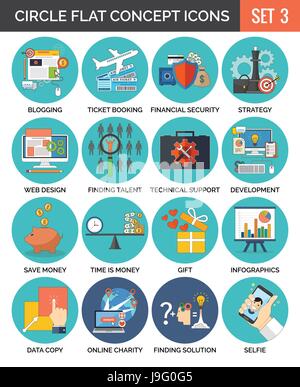 Circle Colorful Concept Icons. Flat Design. Set 3. Business, Finance, Education, Technology, Travel Symbols and Metaphors. Stock Vector