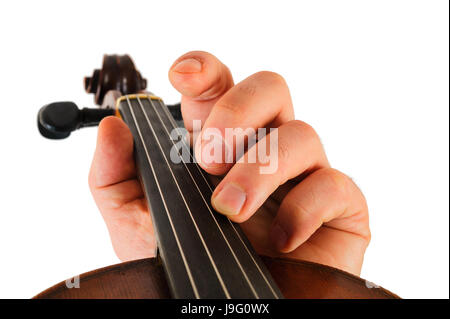 Image violin lies in a human hand.String instrument isolated on white background.Fingers play music Stock Photo