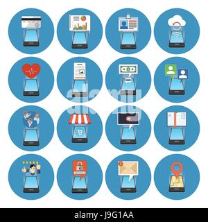 Circle Colorful Smartphone Concept Icons. Isometric style. Business, Finance, Education, Technology, Travel, Health, Security Metaphors. Stock Vector