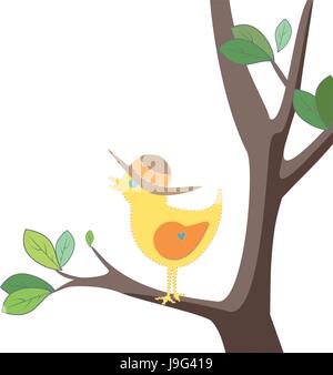 Cute yellow bird with a summer hat on a tree with green leaves in vector Stock Vector