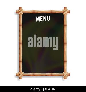 Menu Board With Bamboo Frame. Isolated On White Background. Realistic Black Chalkboard Hanging. Vector Illustration Stock Vector