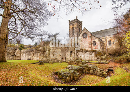 The abbey in Culross, Scotland - old misterious ruins in the colorful village, autumn time. An old idyllic village. Stock Photo