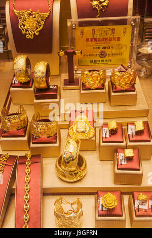 China, Macau, Gold and Jewellery Shop Window, Display of Gold Jewellery Stock Photo