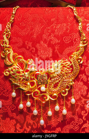 China, Macau, Gold and Jewellery Shop Window, Display of Gold Necklace Stock Photo