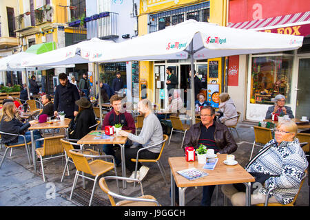 Sidewalk cafe on Plaza del Mercado in Valencia, Spain.