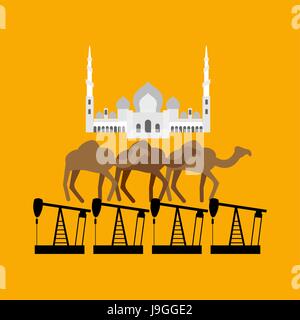 UAE system. Sheikh Zayed Mosque stands on camel and oil rig Stock Vector