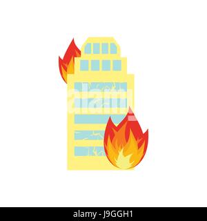 Fire in building. Flames from office windows. Arson home. Burn facility. Spontaneous disaster. Apocalypse on earth Stock Vector