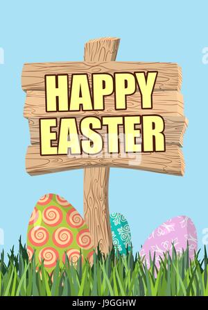 Happy Easter. Green grass. Colorful Easter eggs. Traditional treats for Easter. Wooden plaque. Wooden pointer. Colored eggs Stock Vector