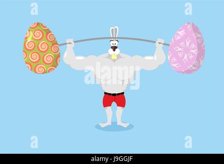 Strong rabbit holding barbell and Easter eggs. Sports for Hare. Traditional Easter egg. Happy Easter. Animal bodybuilder Stock Vector