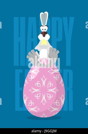 Happy Easter. Rabbit and Easter egg. Traditional treats for Easter. Colored eggs. Funny Bunny sitting on  egg. Symbol of Easter holiday Stock Vector