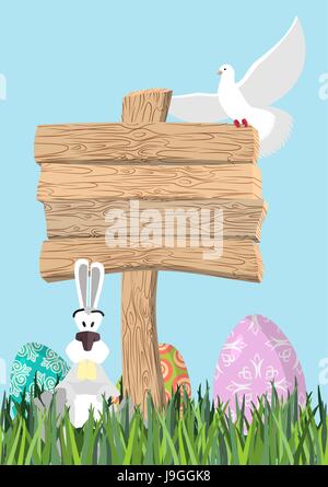 Happy Easter. Green grass. Colorful Easter eggs. Traditional treats for Easter. Wooden plaque. Wooden pointer. Colored eggs. Funny Bunny and egg. Symb Stock Vector