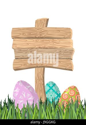 Happy Easter. Green grass. Colorful Easter eggs. Traditional treats for Easter. Wooden plaque. Wooden pointer. Colored eggs Stock Vector