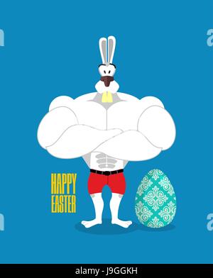 Happy Easter. Powerful rabbit guards Easter egg. Strong rabbit and egg. Raspisnoe traditional egg for Easter holiday. Animal symbol of religious festi Stock Vector