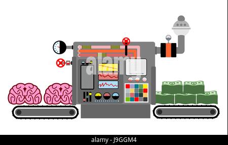 brains and money. Production of money from intelligence. Technological process of production of cash from mind, brain. Brain bring dollars. Machine fo Stock Vector