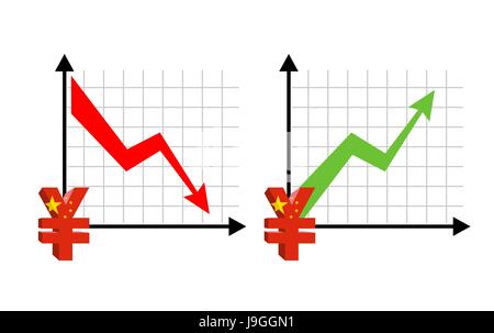 Yen Fall and growth. Reducing quotes Chinese currency, money. Red down arrow. Green Arrow. increase in sales volumes in cash market. Set grph for busi Stock Vector