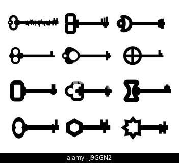 keys Set. silhouette of old key from door. Vintage closing tool. Retro key locking of various shapes. Key from  lock and doors. Stock Vector