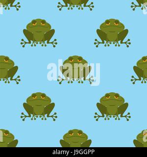 Frog in water seamless pattern. Blue Lake and Green Toad. Texture for childrens fabric. Amphibious reptile background Stock Vector