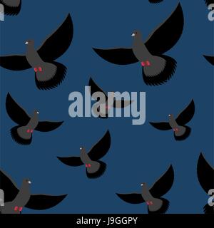 Black Dove seamless pattern. Gray pigeons fly at night. Background of flying birds. Winged night pigeons fly in dark. Stock Vector
