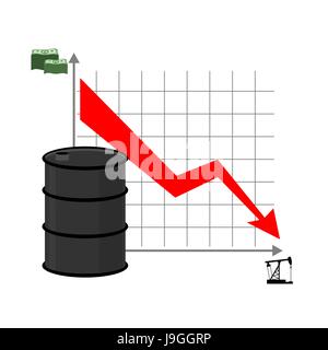 Drop in oil. Graph of  decline rate of oil industry. Red down arrow. Oil rig, oil pump and lots of money. Oil prices are falling on business market. O Stock Vector