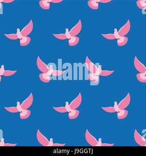Pink Pigeon Seamless pattern. Pink bird is flying in blue sky background. Fantastic breed pigeons. Ornament for baby fabrics Stock Vector