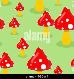 Amanita on meadow in forest seamless pattern. Red mushroom texture. Ornament of cute mushrooms. Stock Vector