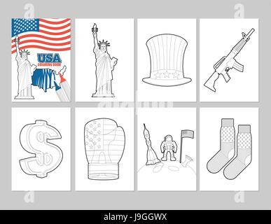 USA coloring book. Patriotic Illustrations in linear style of painting. Statue of Liberty and Uncle Sam hat. first astronaut on moon. Socks with natio Stock Vector