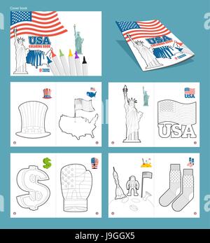 USA coloring book. Patriotic illustrations. Statel Symbols America. Uncle Sam hat and map country. Statue of Liberty and USA flag. dollar symbol, boxi Stock Vector