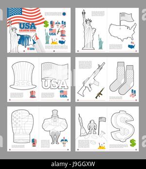 USA coloring book. Patriotic book for coloring. National Symbols America. Statue of Liberty and Uncle Sam hat. Map and flag USA. Dollar and boxing glo Stock Vector