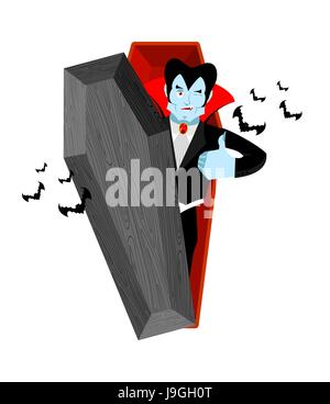 Dracula and coffin. Vampire Thumbs up shows well. Ghoul winks. Signs all right. happy Good bloodsucker. Mimicry smile on his face. Gesture of hand ord Stock Vector