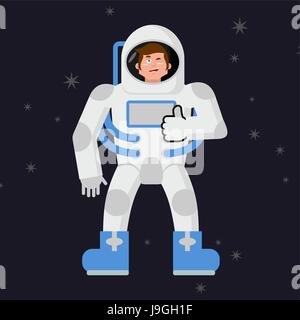 Astronaut Thumbs up shows well. Cosmonaut winks. Sign all right. Jolly Good astronaut. Mimicry smile on his face. Gesture of hand in order. Open dark  Stock Vector