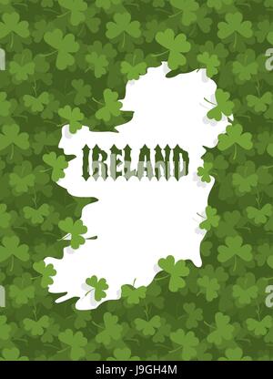 Map of Ireland. Gothic font and clover. Country abounds in Shamrock. Grass texture background Stock Vector