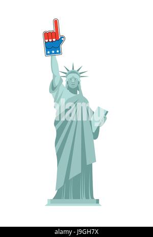 Statue of Liberty and foam finger. Landmark US keeps on hand sports sign. Patriotic America illustration Stock Vector