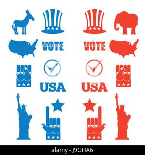 American Elections icon set. Republican elephant and Democratic donkey. Symbols of political parties in America. Statue of Liberty and USA map. Fist a Stock Vector