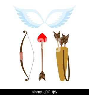 Cupid weapons set . Bow and arrow with heart. Quiver with arrows. Angel wings. Cupids wings. Stock Vector