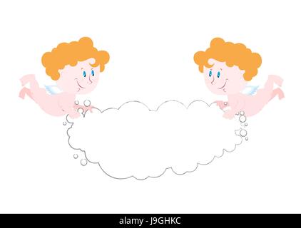 Angel holds cloud. Space for text. Two cute Angels hold white cloud. Little chubby angels. Stock Vector
